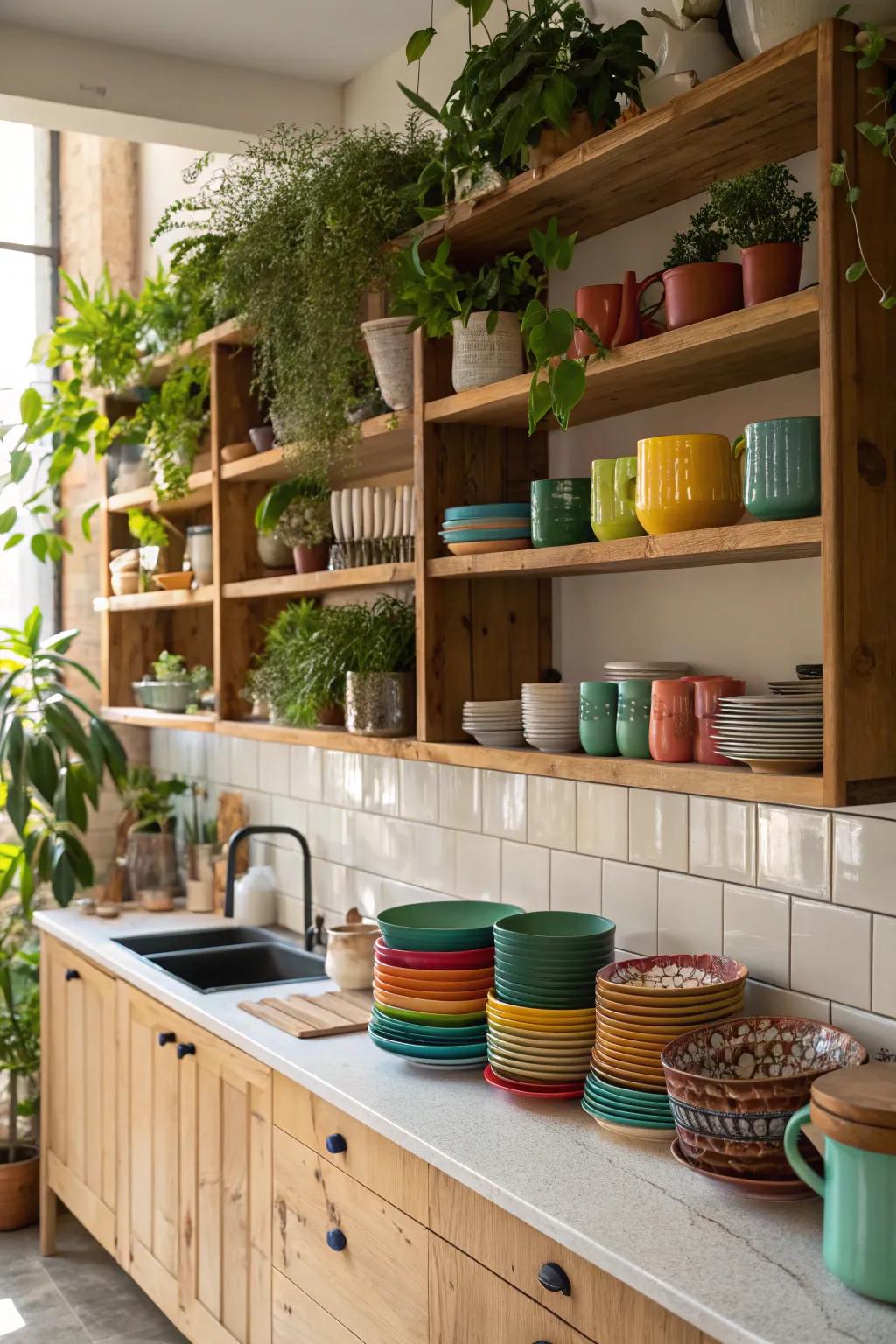 Open shelves bring both style and storage to an empty kitchen wall.