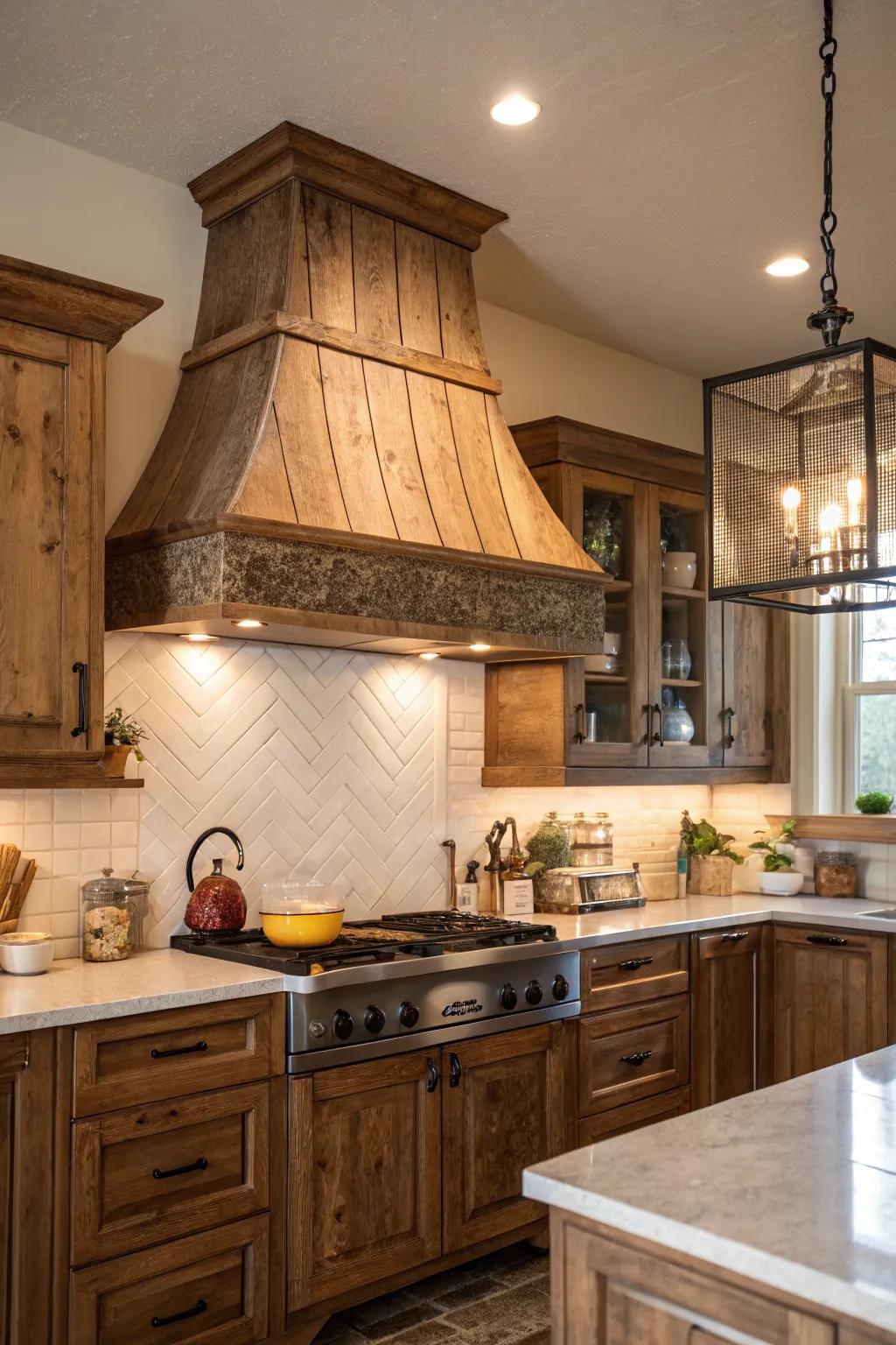Rustic wooden range hood adds warmth and charm to any kitchen.