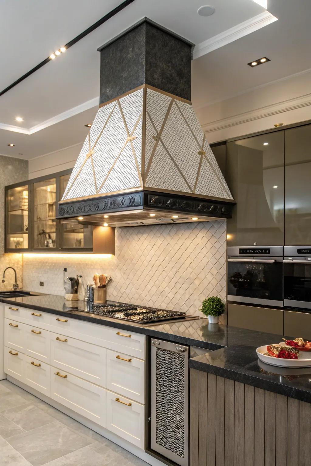 Custom geometric shape offers a unique range hood design.
