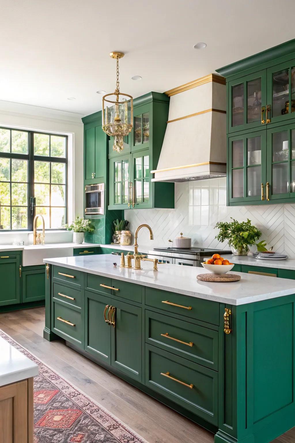 Emerald green cabinets create a bold and luxurious kitchen centerpiece.