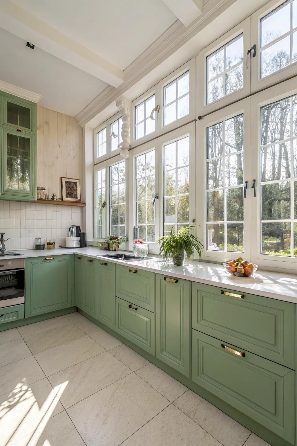 Natural light enhances the beauty of green kitchen cabinets.
