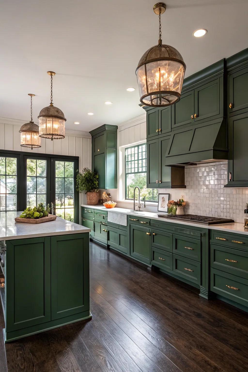 Forest green cabinets create a rich and moody aesthetic.