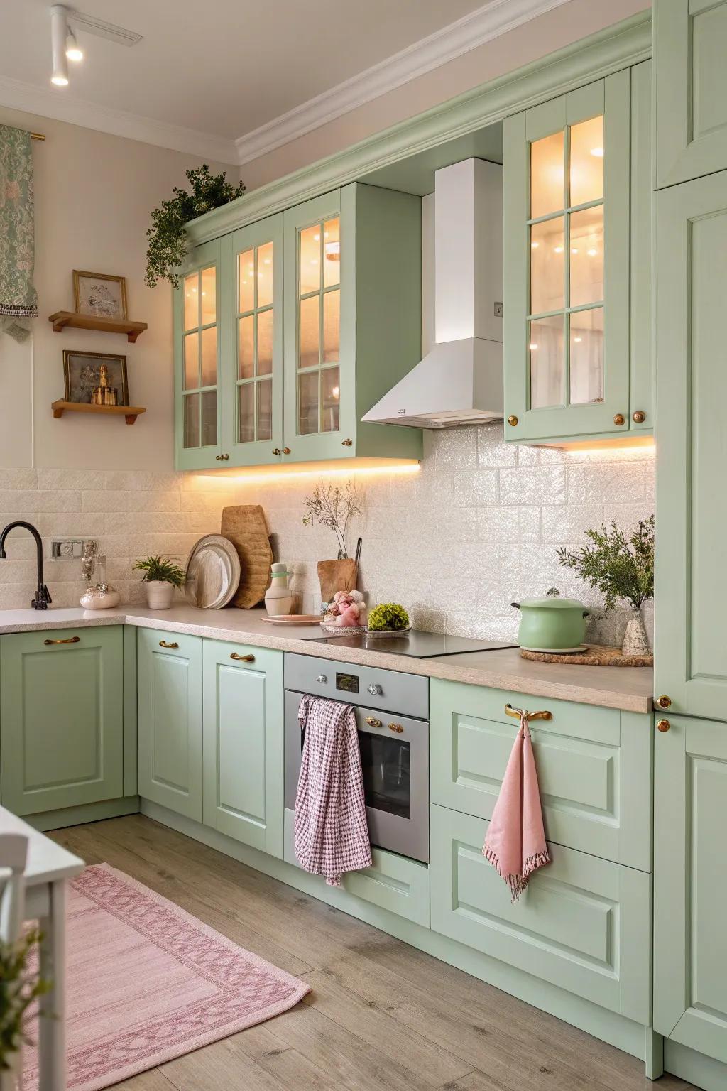 Pastel green cabinets offer a soft, unexpected delight in the kitchen.