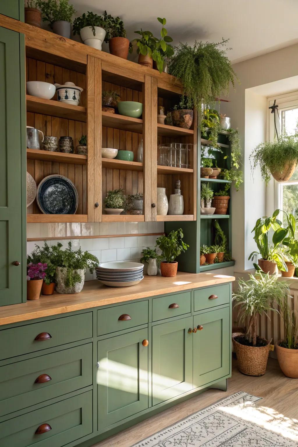 Open shelving with green cabinets creates an airy kitchen feel.