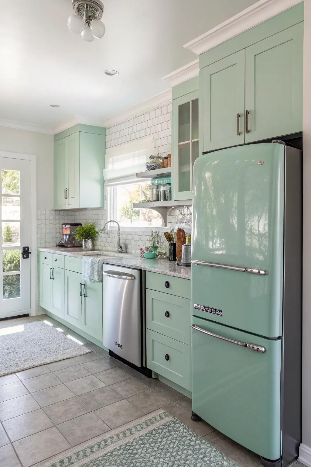 Mint green cabinets add a playful and fresh touch to the kitchen.