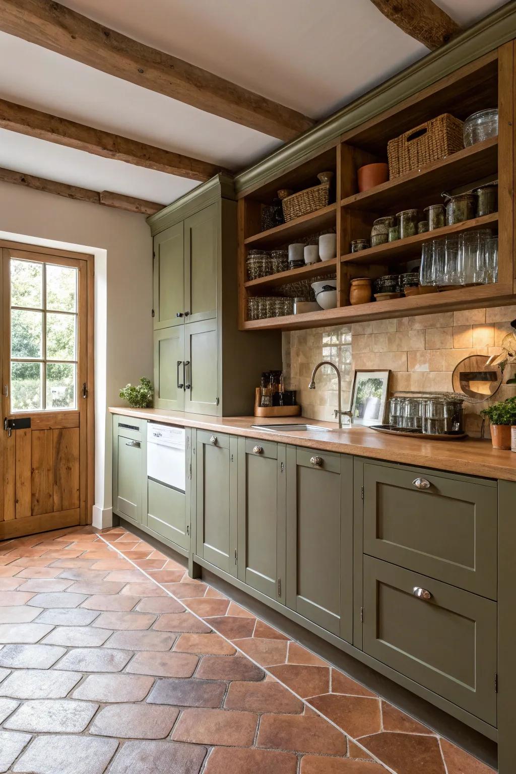 Olive green cabinets bring warmth and earthiness to the kitchen.