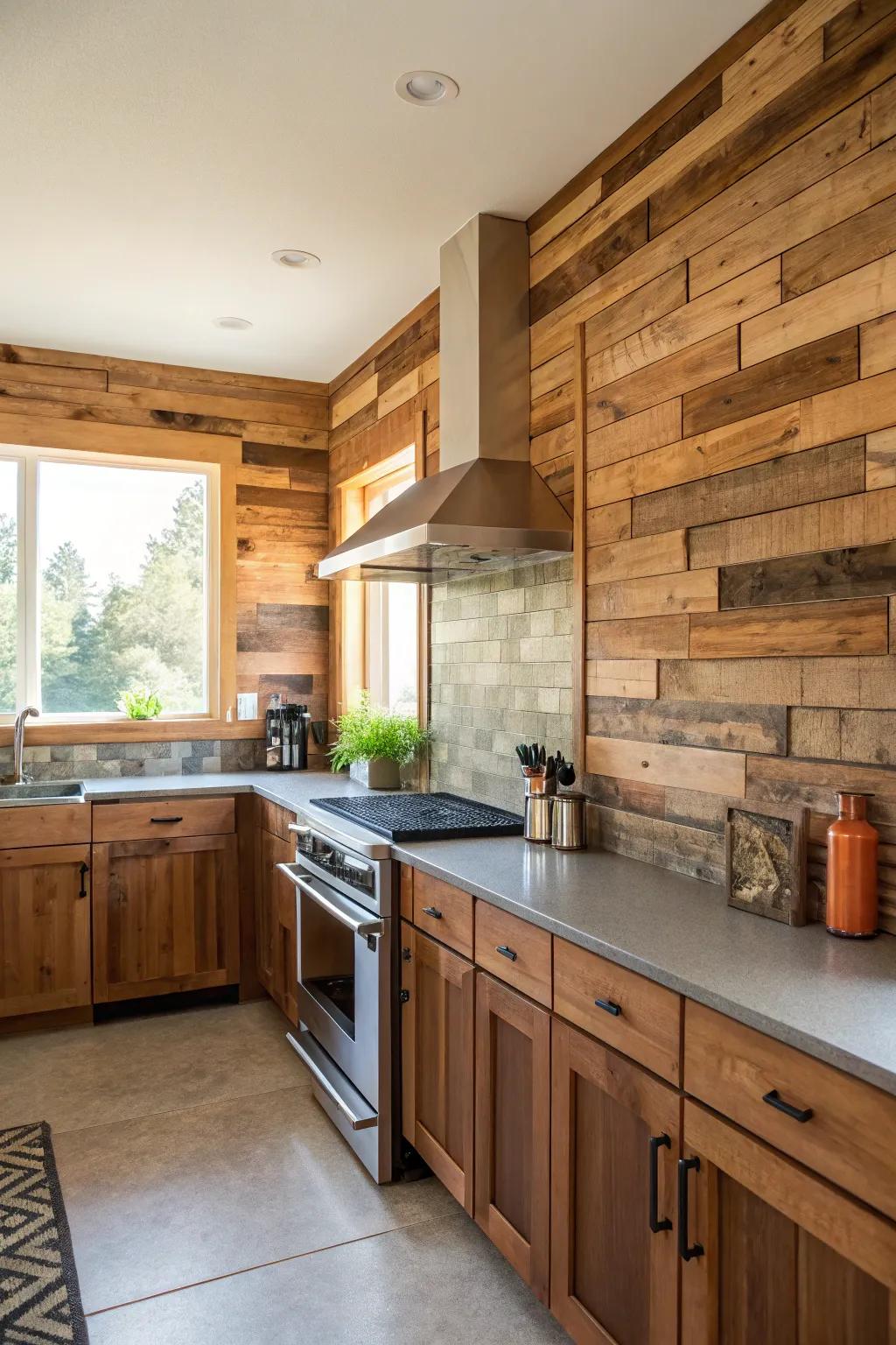 A wood panel backsplash making a bold design statement.