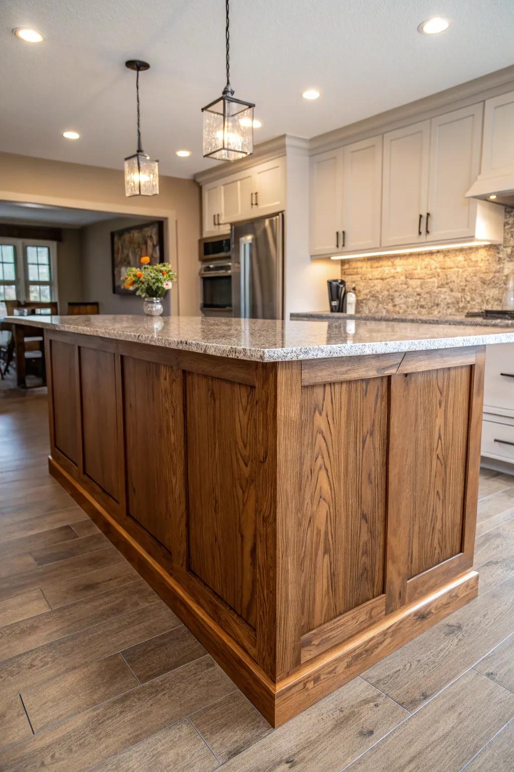 A wooden island with a contrasting countertop as the kitchen centerpiece.