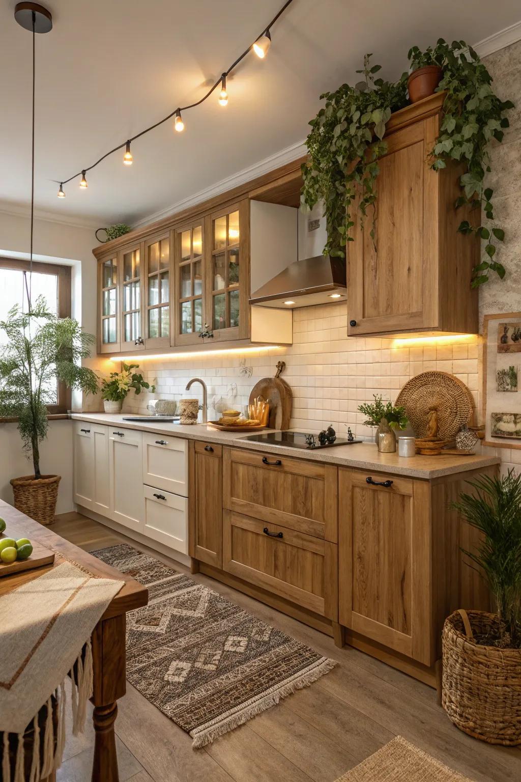 A kitchen featuring a harmonious blend of light oak and walnut wood tones.