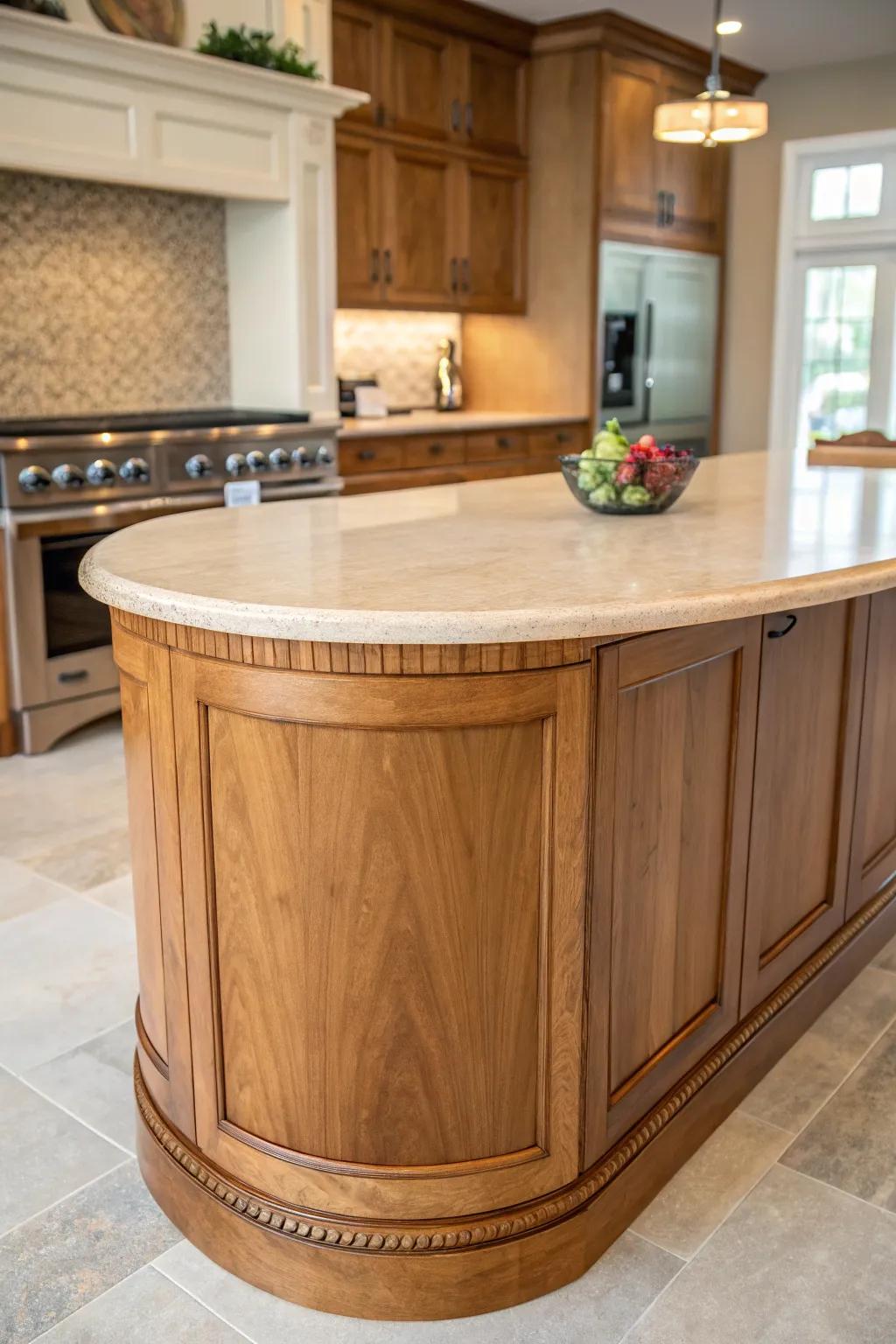 Curved wood edges add elegance and softness to the kitchen.