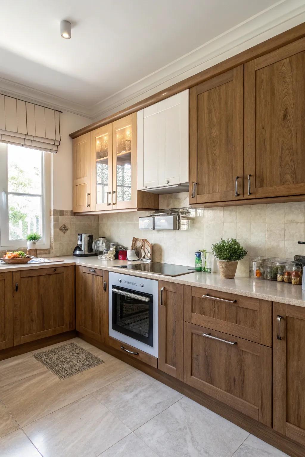 Two-toned wood cabinets add depth and visual interest.