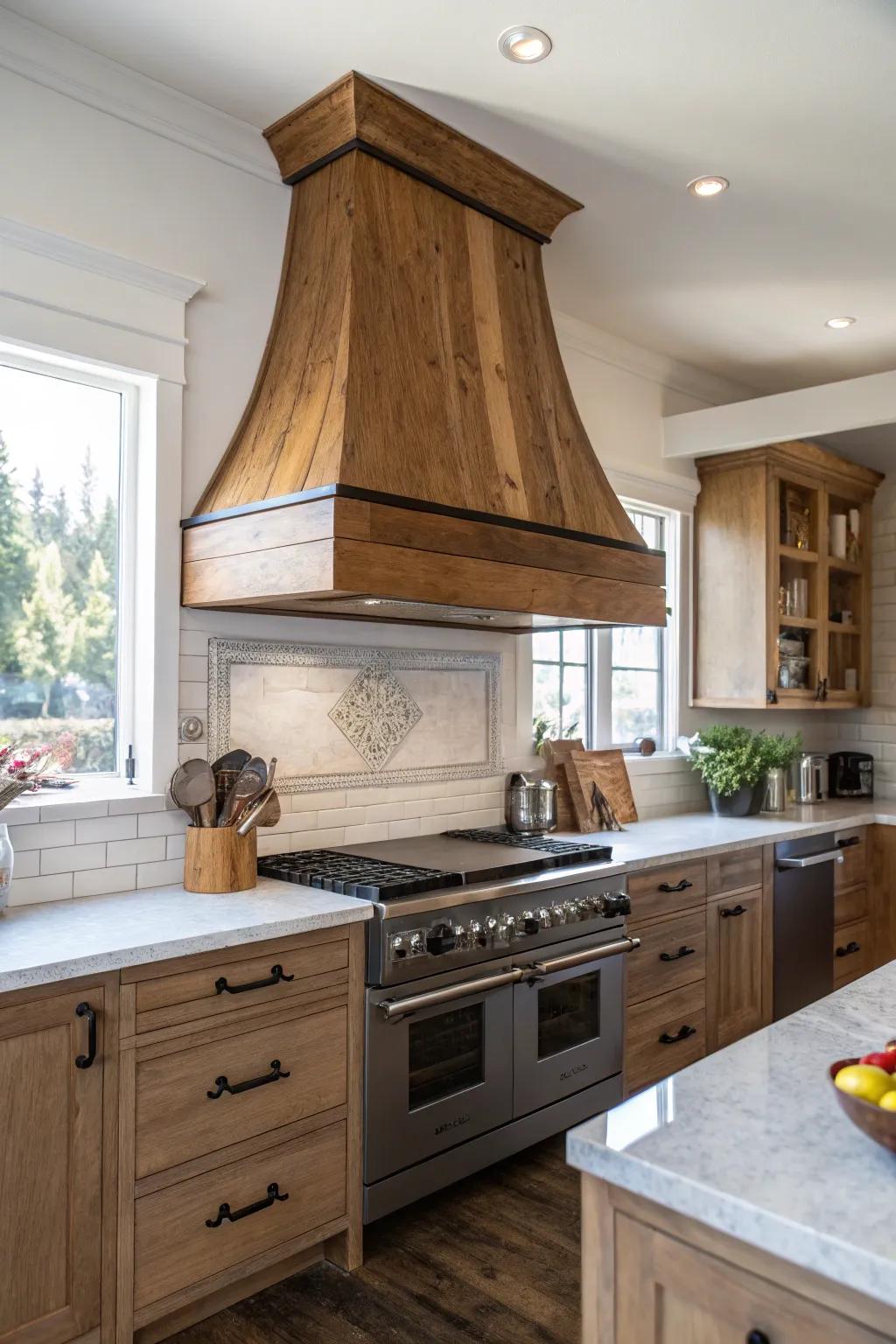 A wooden range hood that blends functionality with style.