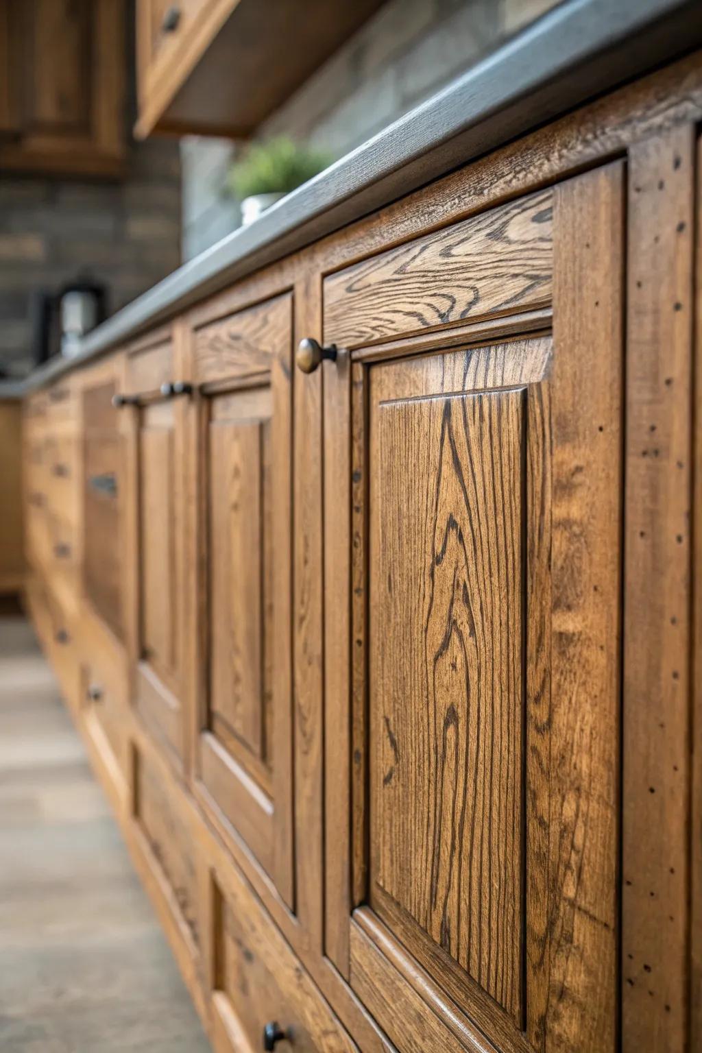 Wood cabinets with unique grain patterns add depth and character.