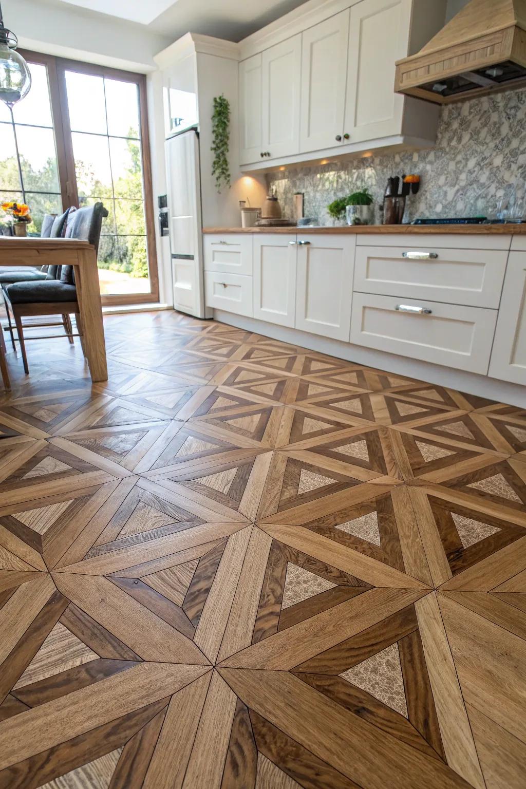 Geometric wood patterns add modern flair to classic materials.