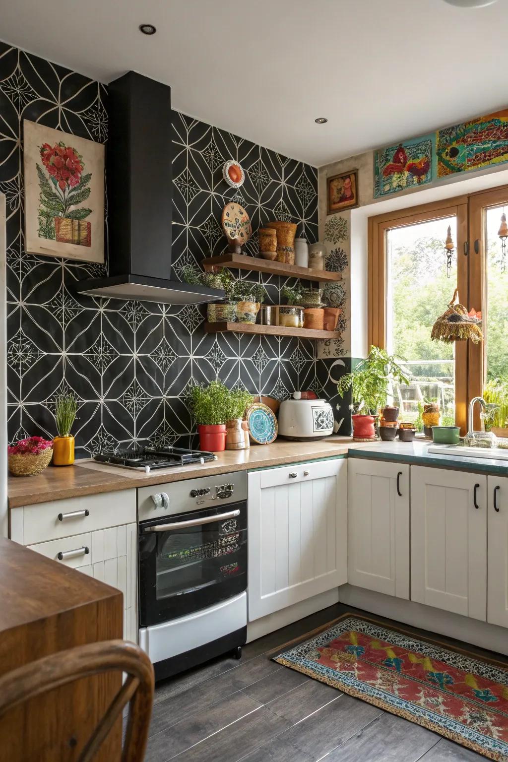 Artistic patterns turn a black backsplash into a unique focal point in this kitchen.