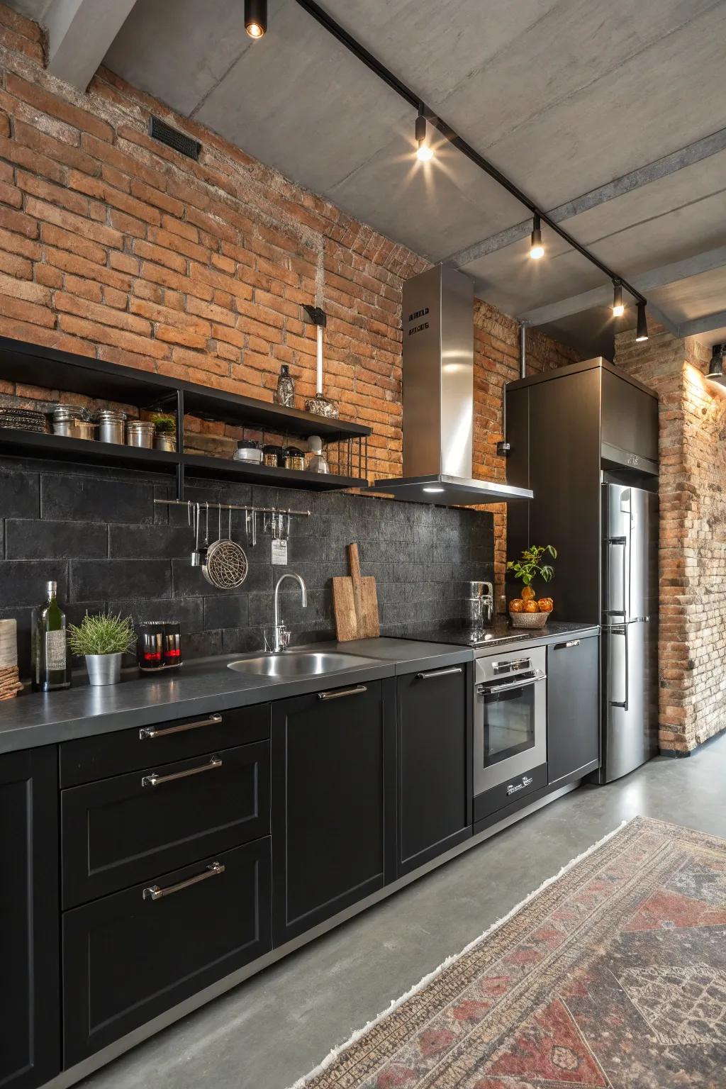 An industrial chic kitchen where a black backsplash meets urban design elements.