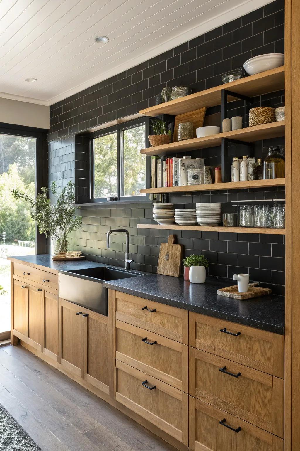 Open shelves add dimension and interest against a striking black backsplash.