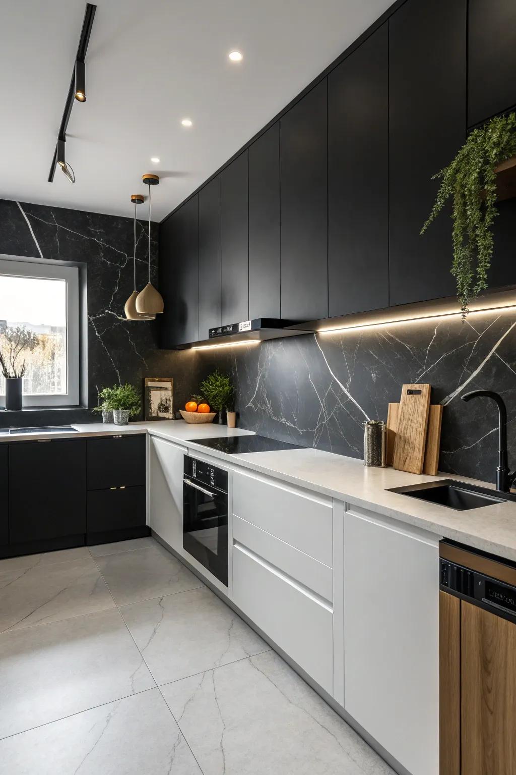 A minimalist kitchen with a matte black backsplash that exudes understated elegance.