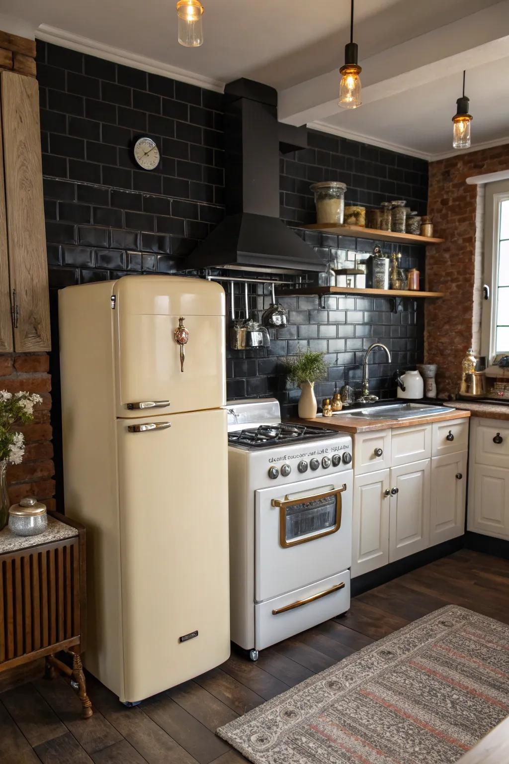 A vintage-inspired kitchen where a black backsplash adds a modern twist.