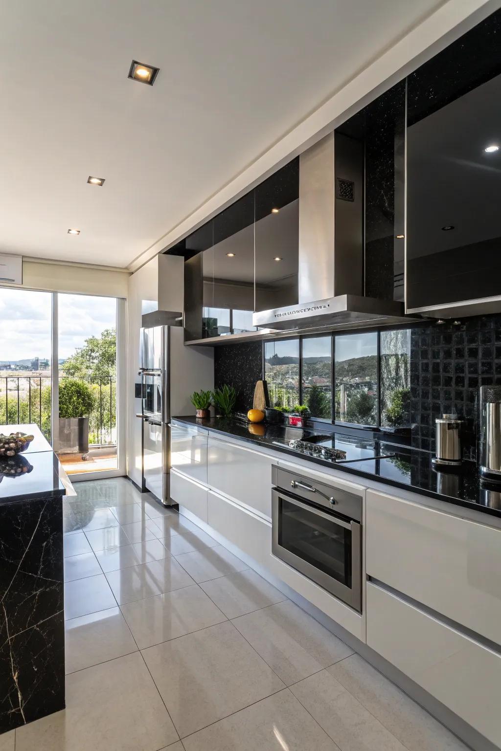 Glossy black tiles bring glamour and light into a modern kitchen setting.