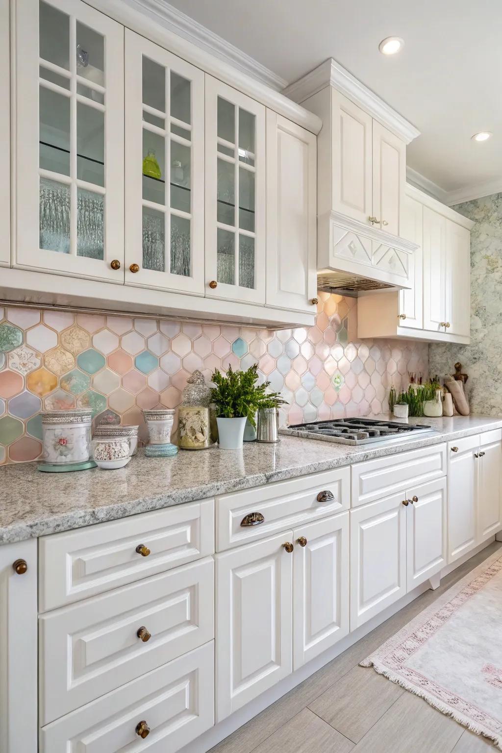Pastel hues introduce a gentle and calming glow to the kitchen environment.