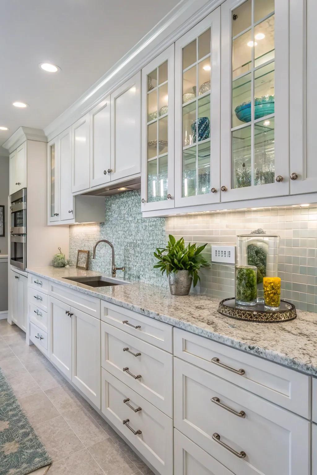 Glass tiles illuminate the kitchen with their reflective and elegant surface.