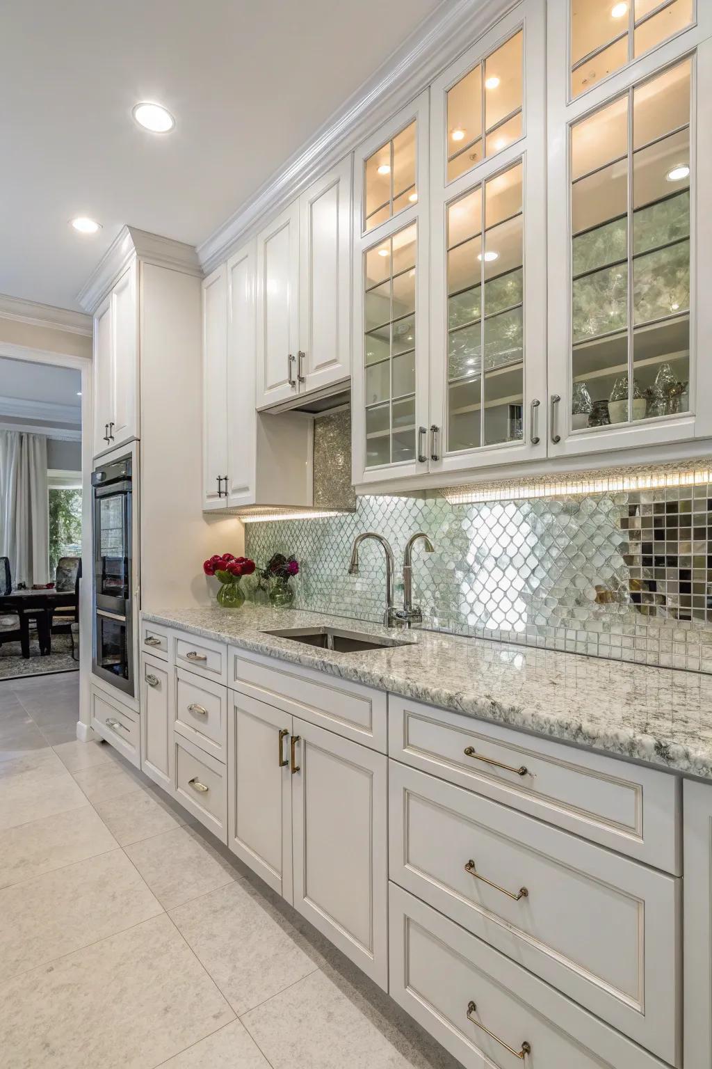 Mirrored tiles expand the sense of space and enhance the kitchen's light and airy feel.