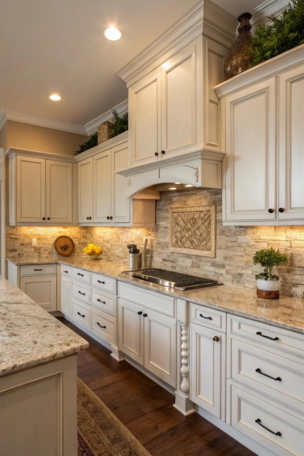 Natural stone tiles enhance the organic beauty of the kitchen space.