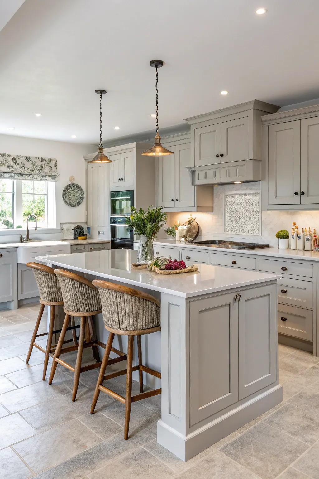 A functional island complements light grey cabinets beautifully.