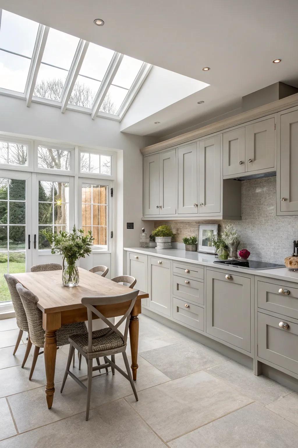 Open layouts enhance the airy feel of light grey cabinets.