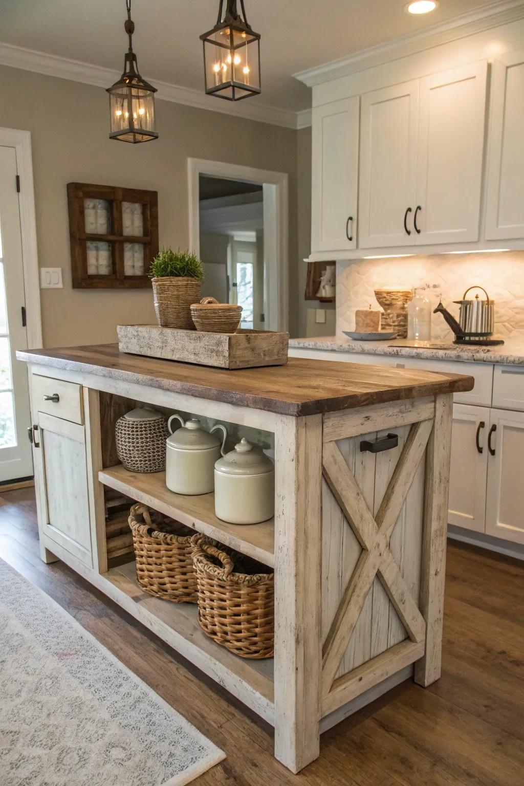 A farmhouse kitchen island set in a calming neutral color palette.
