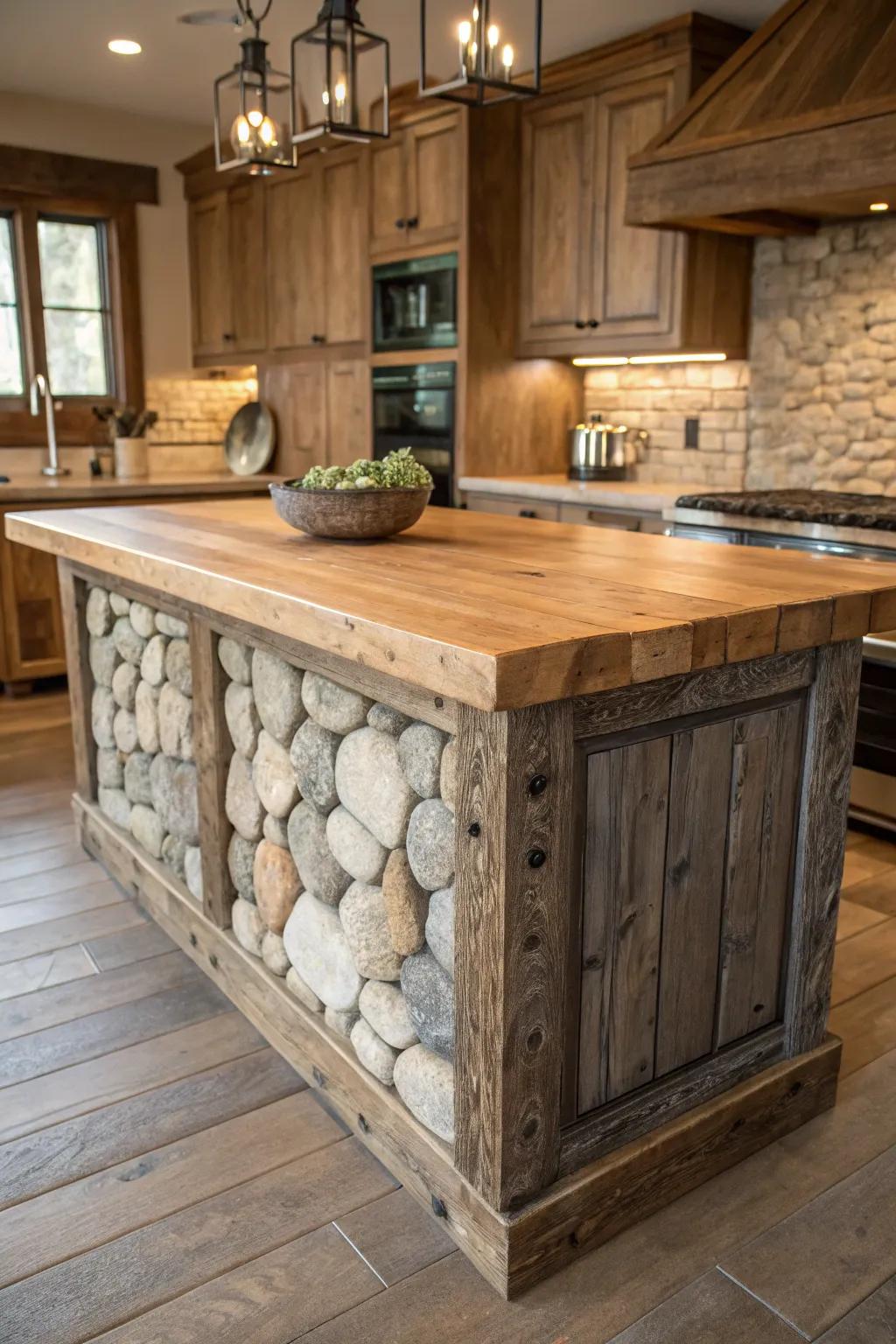 A farmhouse kitchen island featuring textured wood and stone surfaces.
