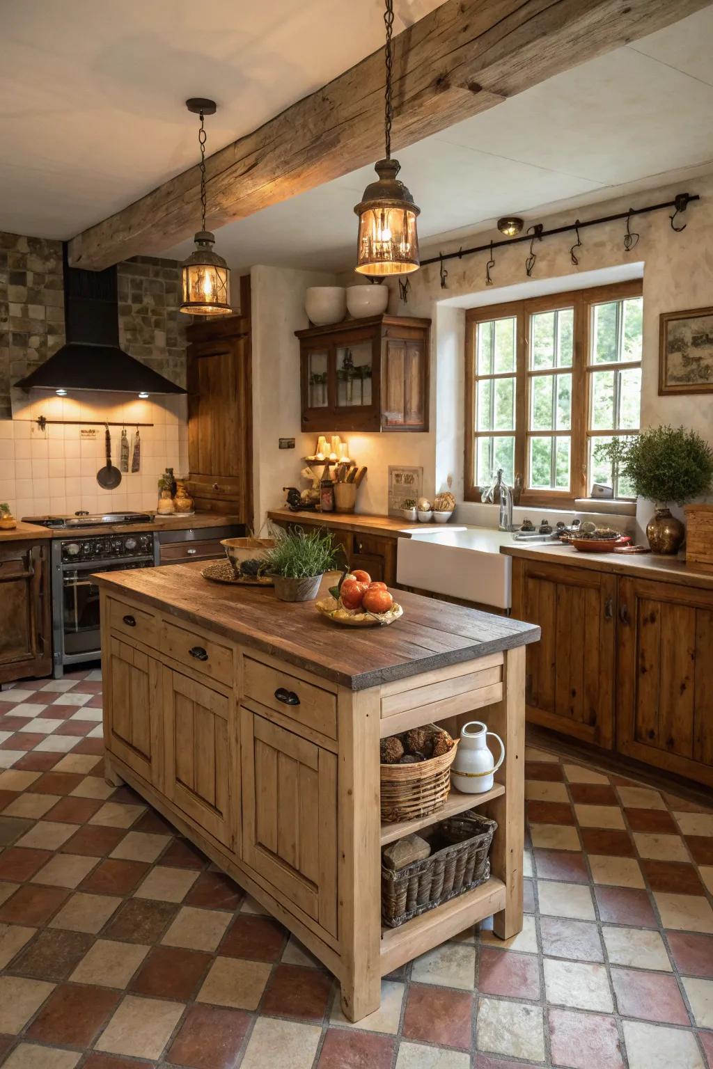 A versatile freestanding farmhouse kitchen island offering flexibility in placement.