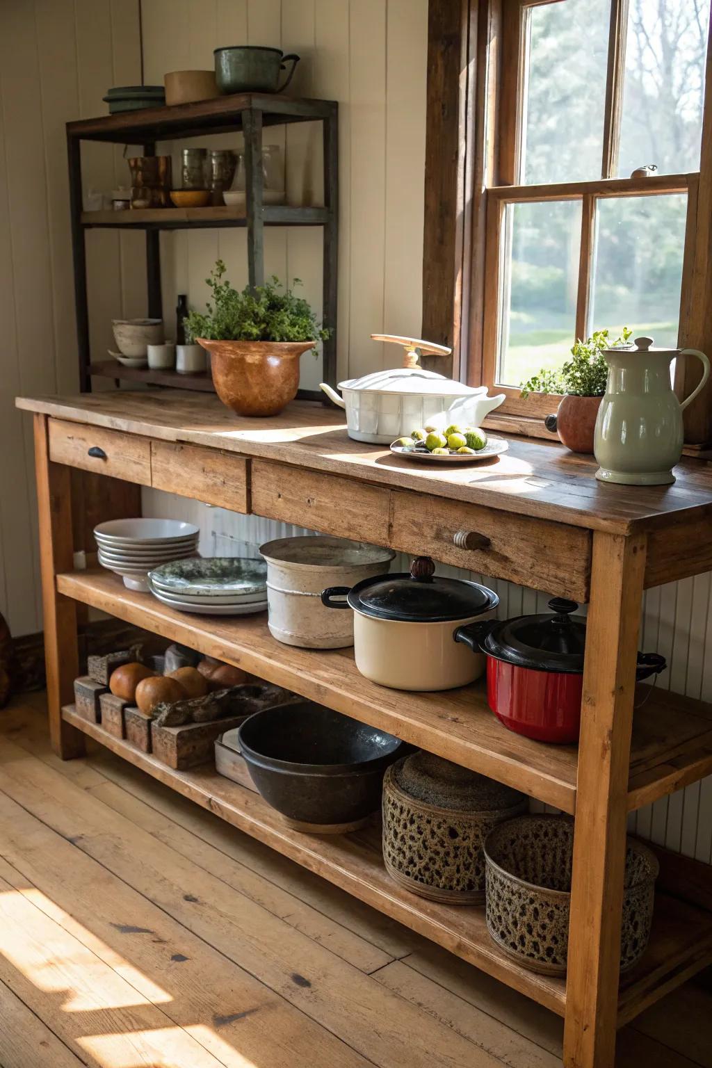 A rustic kitchen island with open shelving, perfect for displaying cherished kitchenware.