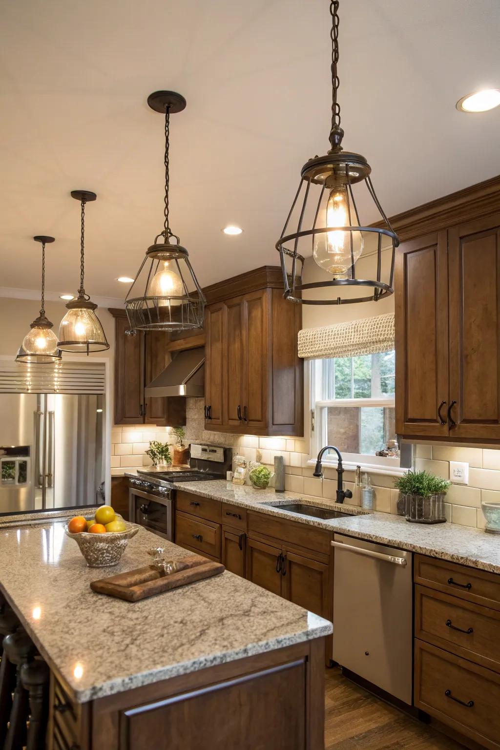 Eclectic lighting choices add warmth and character.
