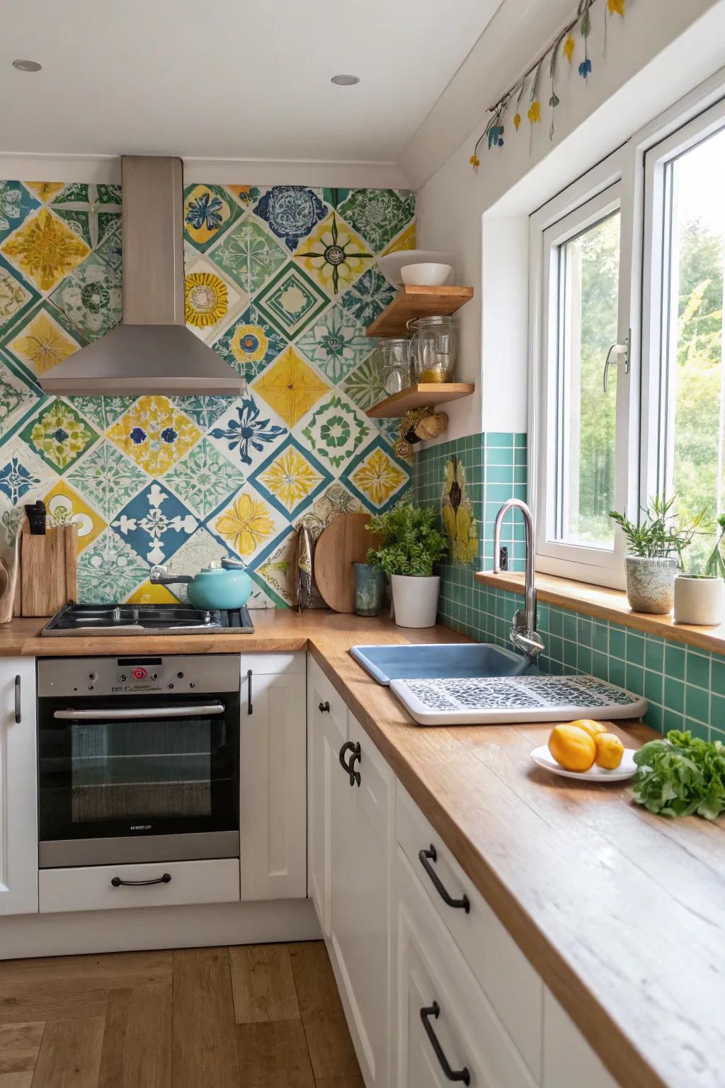 A retro backsplash adds color and charm to the kitchen.