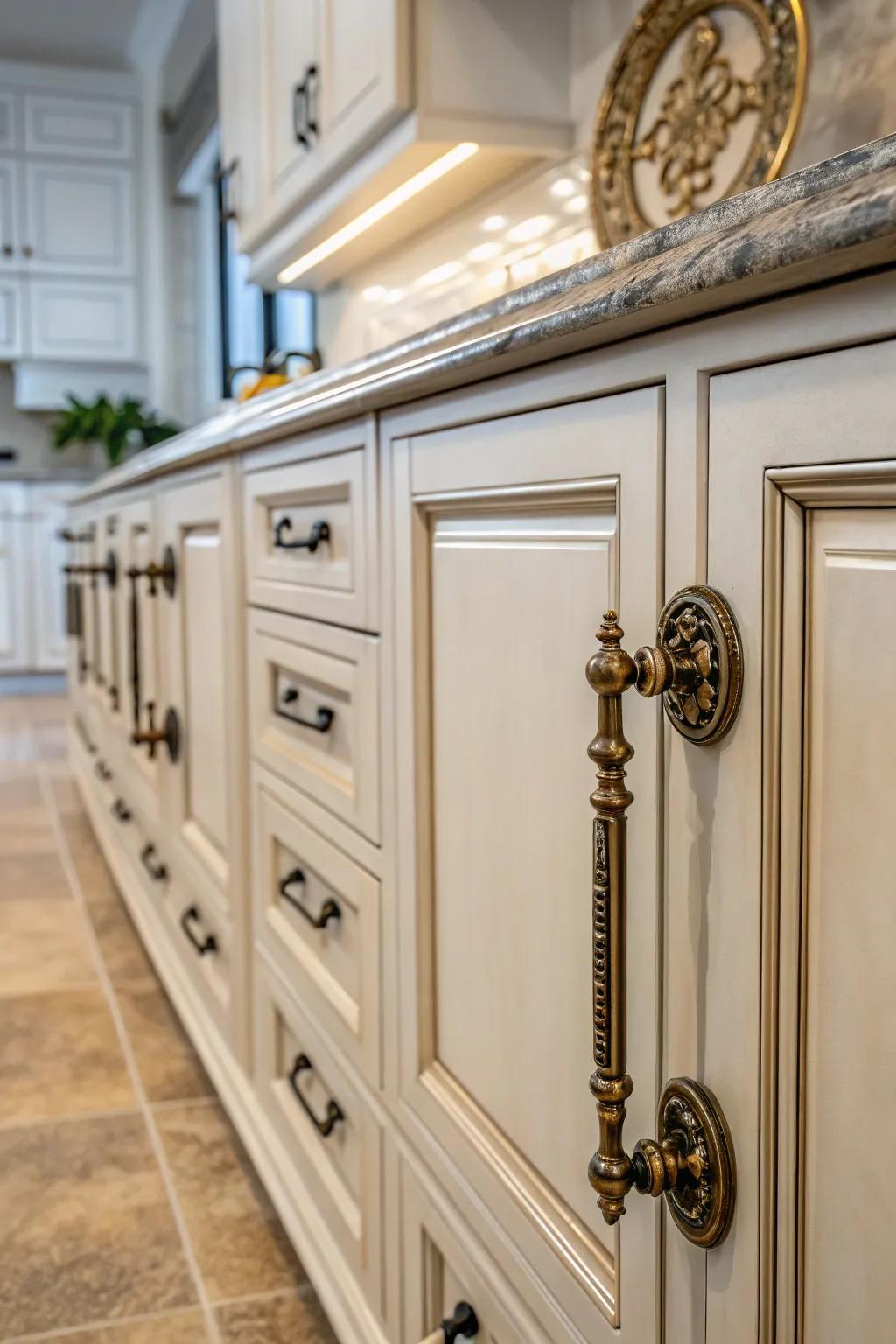 Vintage hardware transforms cabinets into works of art.