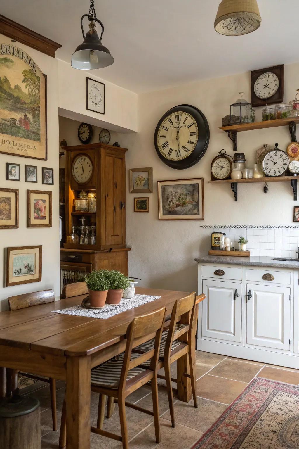 Antique decor enriches the kitchen with character and history.