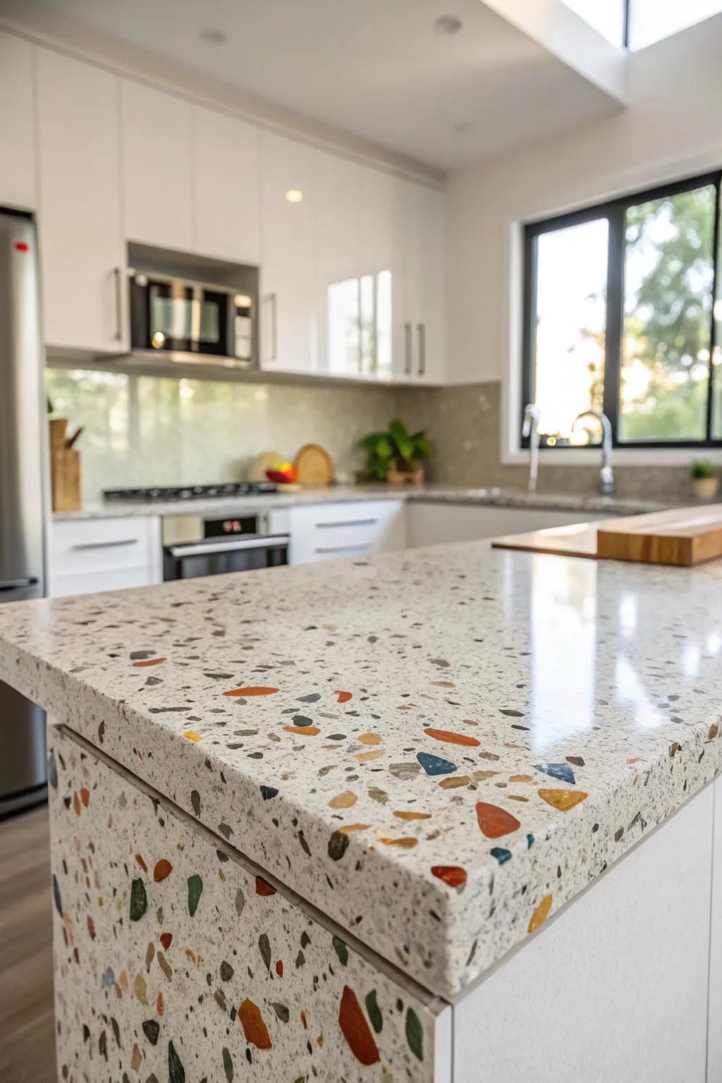 Terrazzo countertops add a playful mid-century touch.
