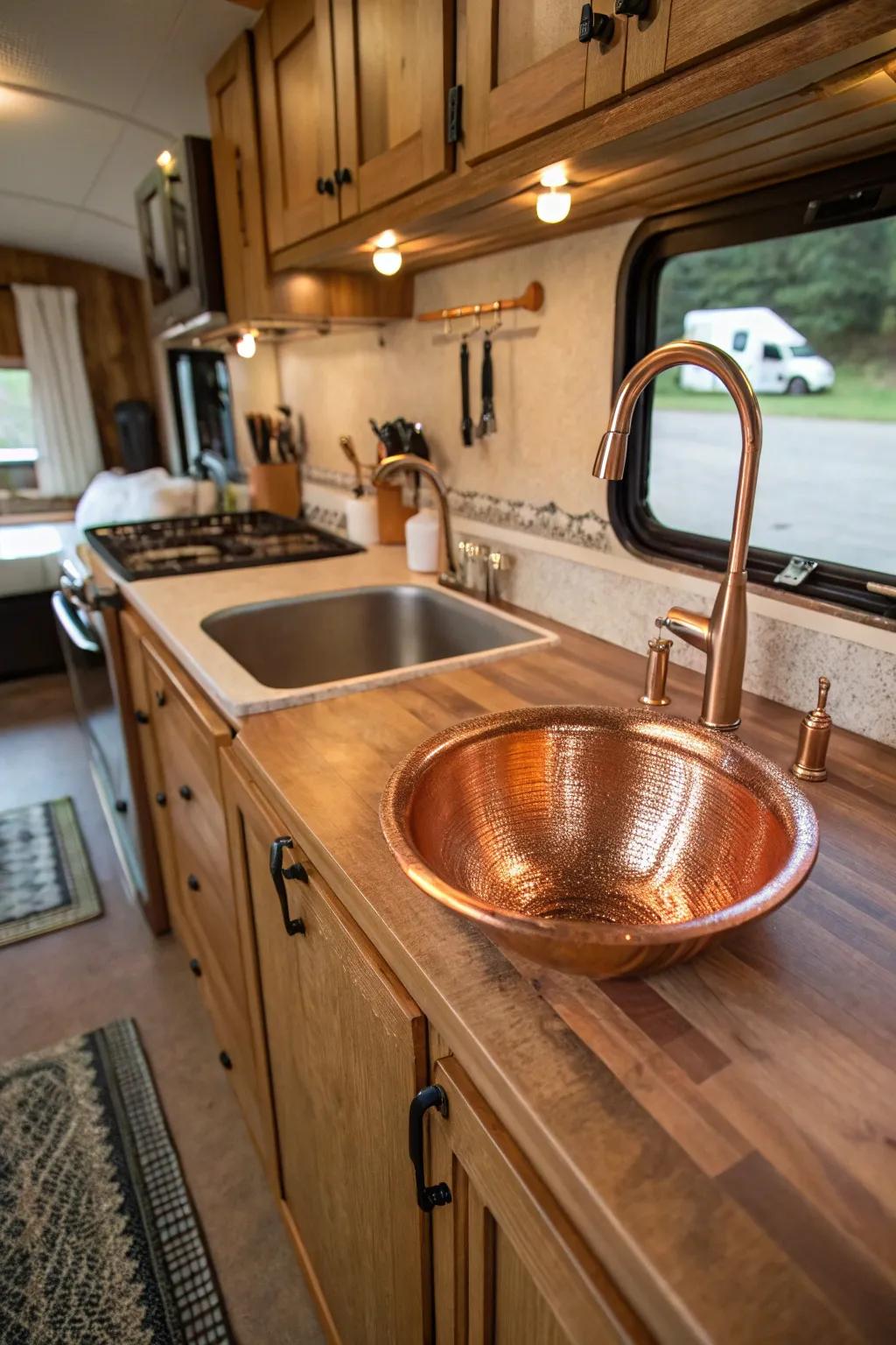 A copper sink adding rustic charm to an RV kitchen.
