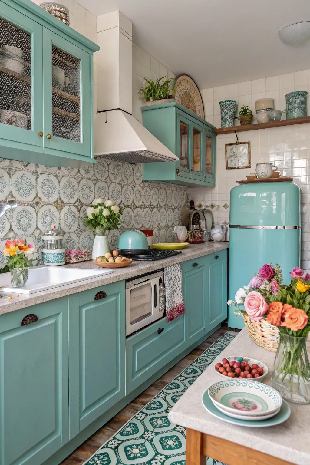Eclectic decor elements adding charm to a turquoise kitchen.