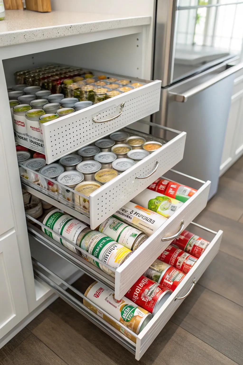 Pull-out trays make deep pantries user-friendly.
