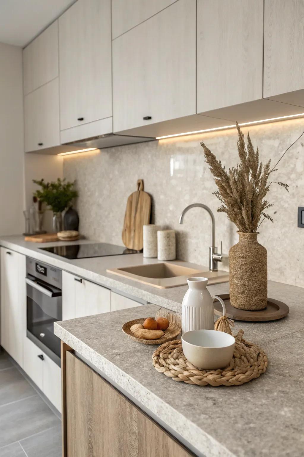 Stone-textured laminates offer a subtle yet elegant kitchen surface.