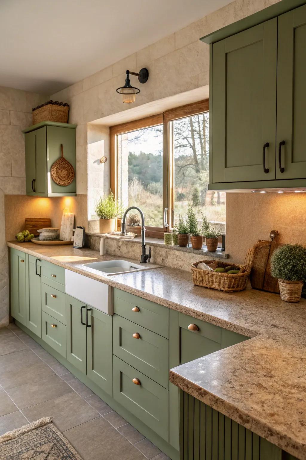 Earth-toned laminates provide a warm and inviting kitchen atmosphere.