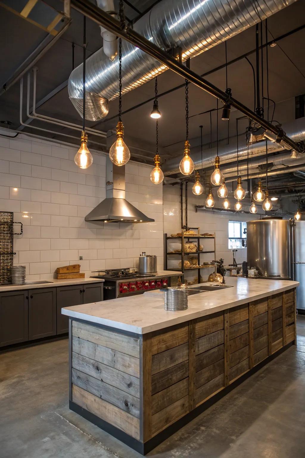 Industrial kitchen with a shiplap island and urban elements.