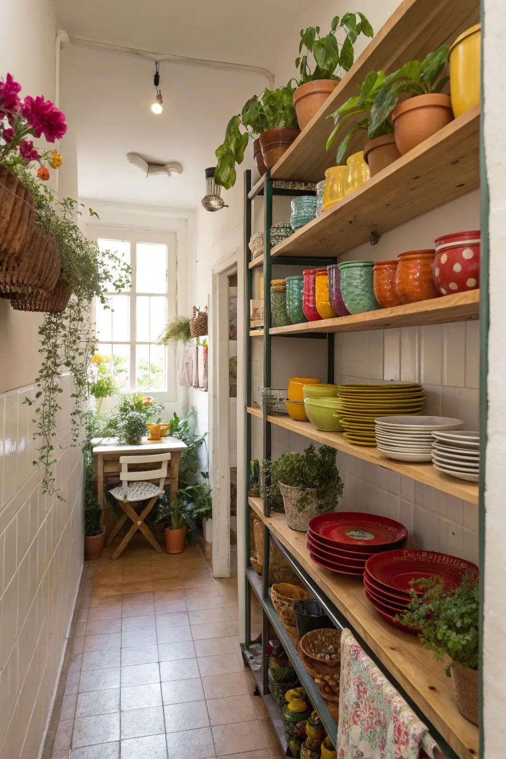 Open shelving adds character and accessibility to this kitchen.
