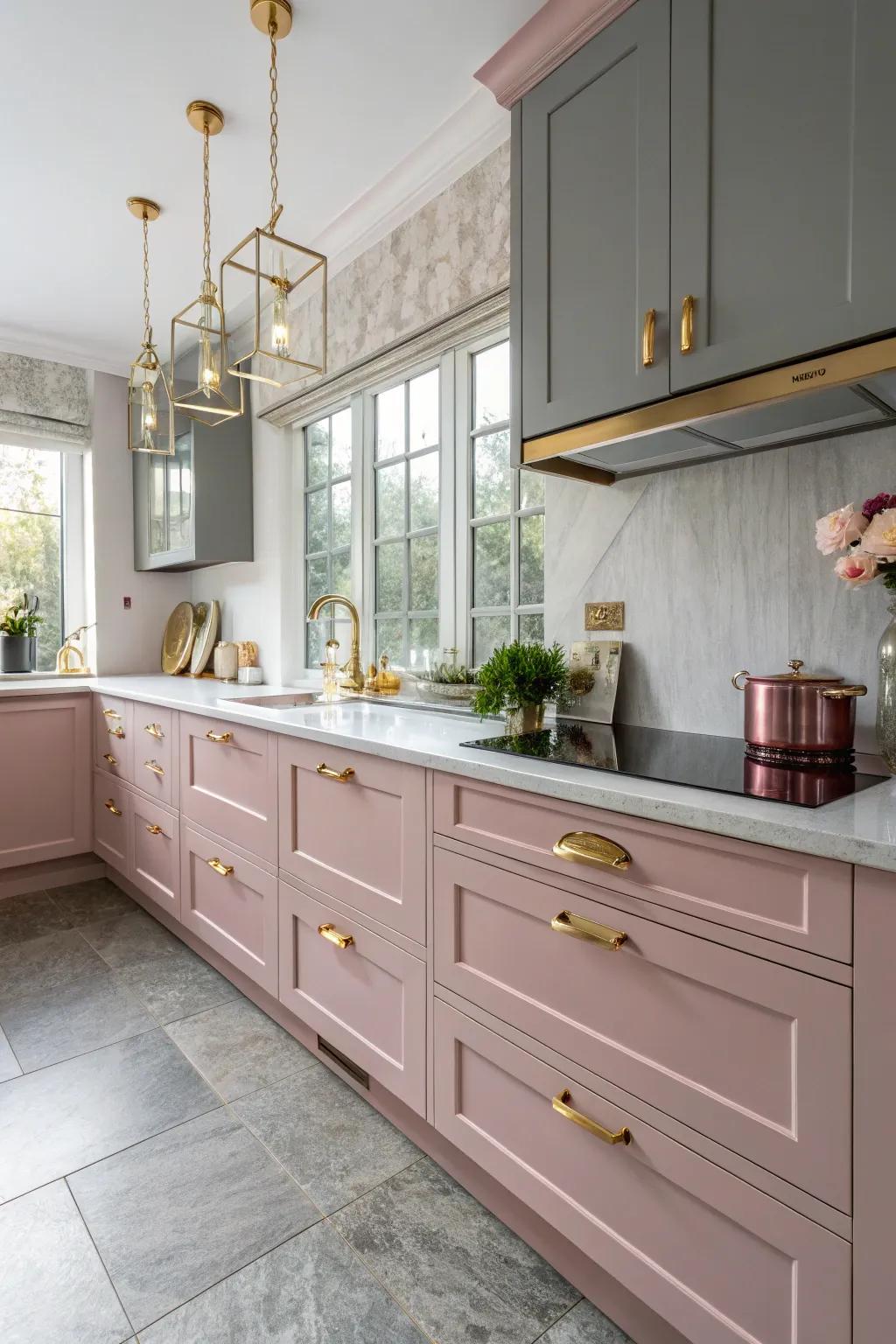Metallic gold accents elevate the pink and grey theme.