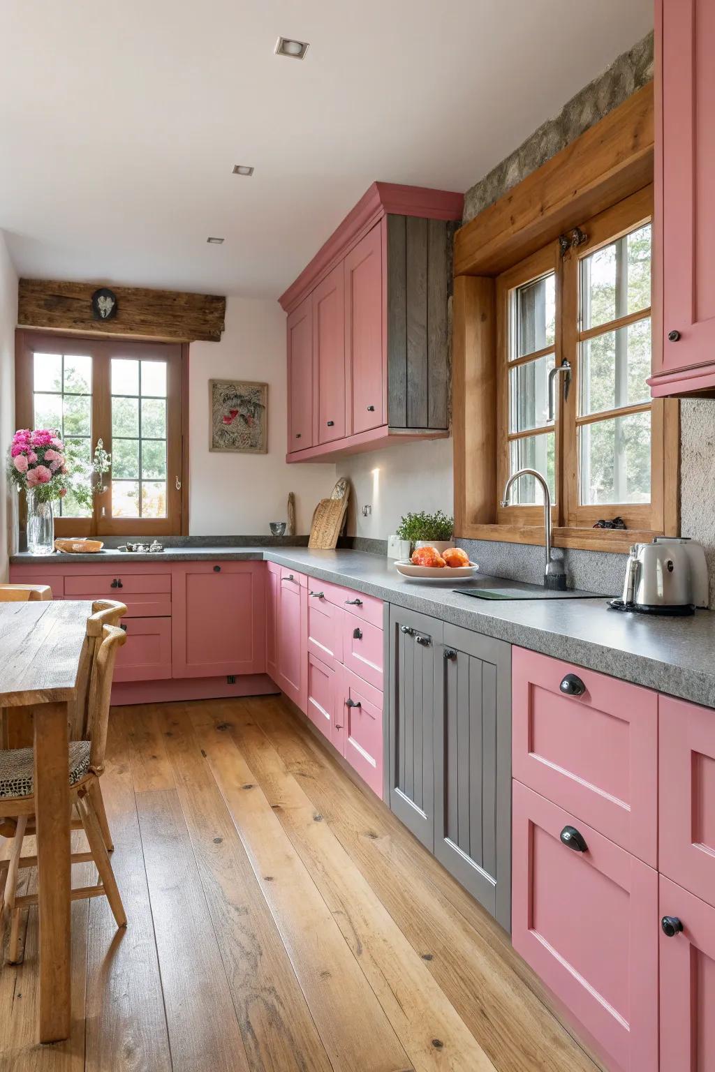 Natural wood tones complementing pink and grey elements.
