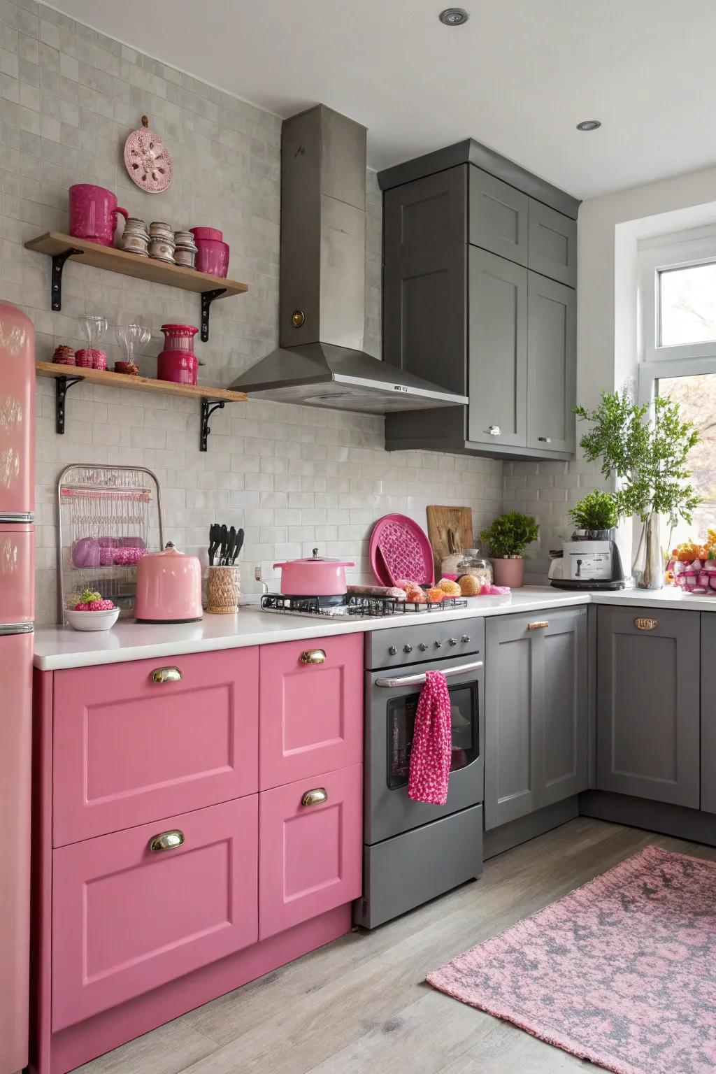Striking bold pink accents in a grey kitchen.