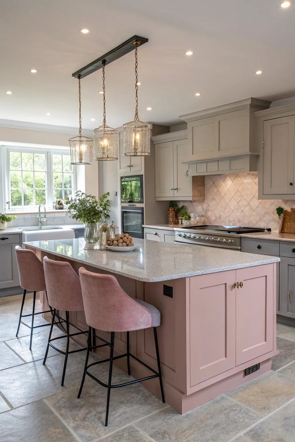 A bold pink and grey island as the kitchen centerpiece.